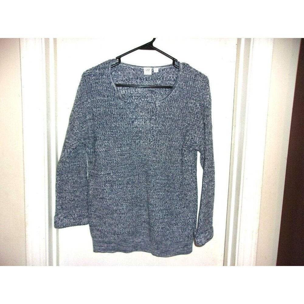 GAP Blue White Marled Split Neck Cuffed Sleeve Cotton Pullover Sweater S